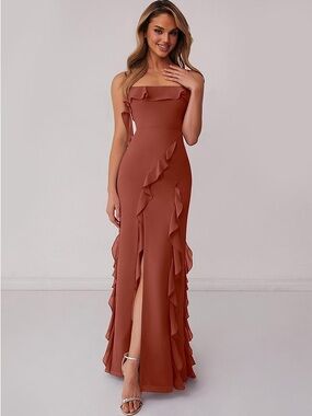 NWT | AZAZIE x Barbie Auburn Ruffle-Trim Strapless Bridesmaid Dress